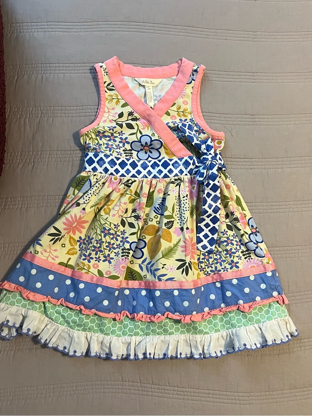 Matilda Jane Girls Floral V Neck Dress Pink Blue Yellow Green Patchwork